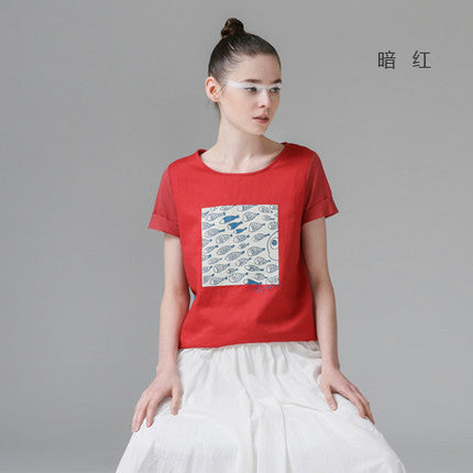 Toyouth Printed t shirt femme 2017 Summer Fish Tees Tops O-Neck Short Sleeve O-Neck Solid Lady T Shirts